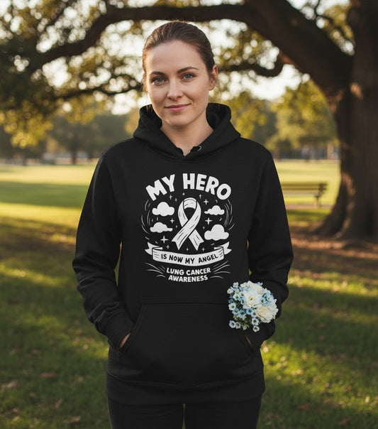 My Hero Is Now My Angel Lung Cancer Awareness lung cancer awareness Hoodie Black lifestyle mockup
