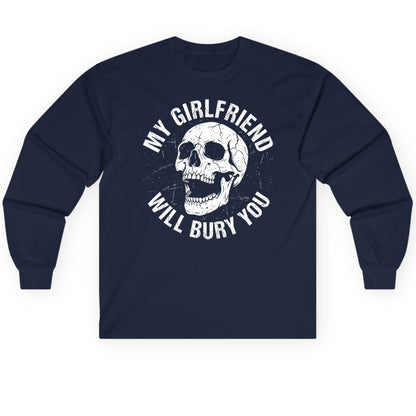 My Girlfriend Will Bury You skull Long Sleeve Tee Navy product mockup