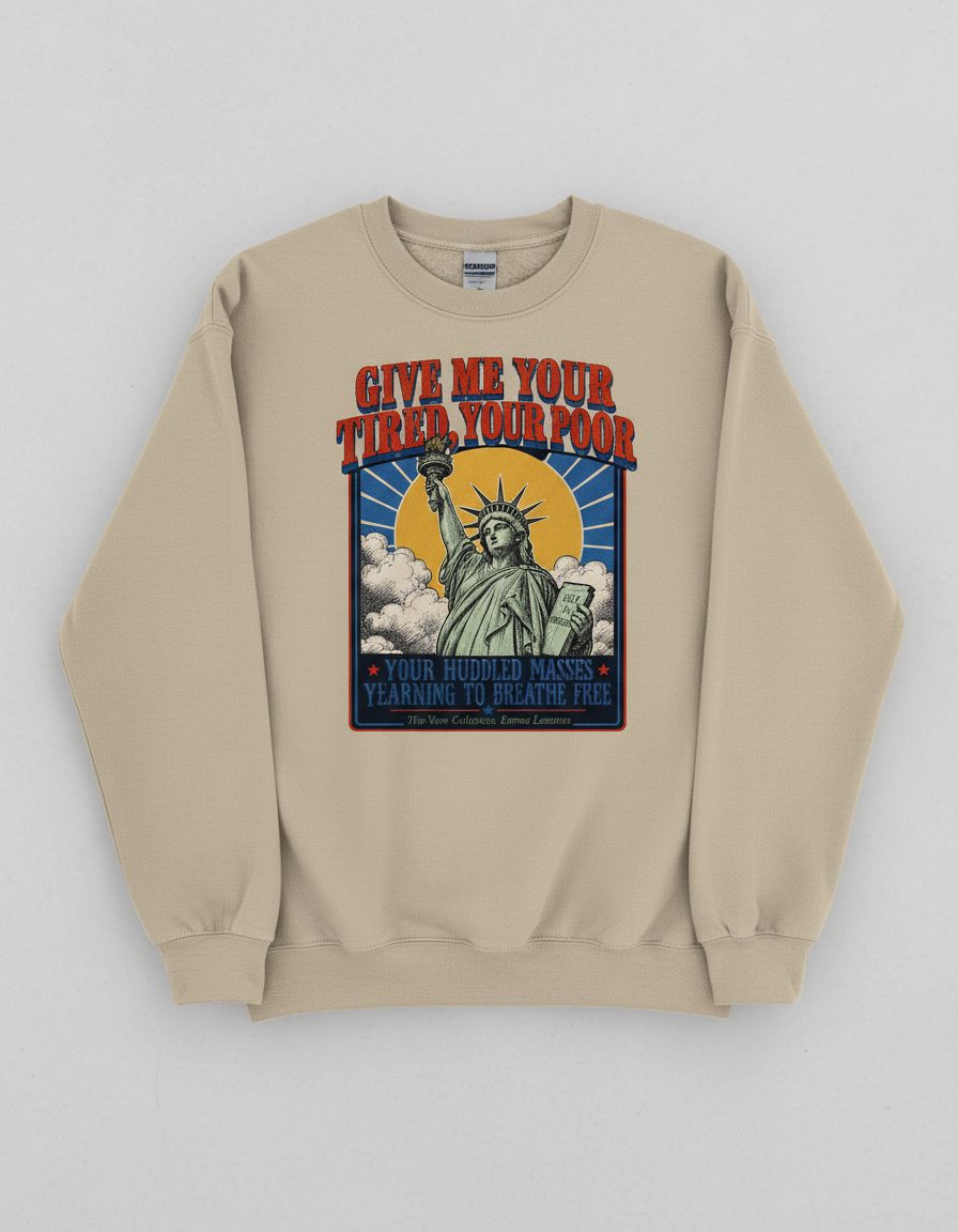 Give Me Your Tired Poor Patriotic Retro Statue Liberty Sweatshirt - product mockup - Sand