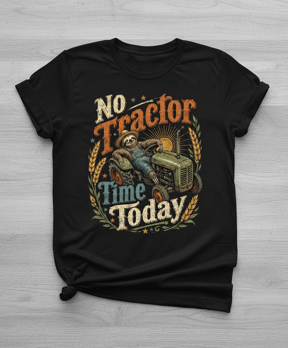No Tractor Time Today Funny Sloth T-Shirt - product mockup - Black