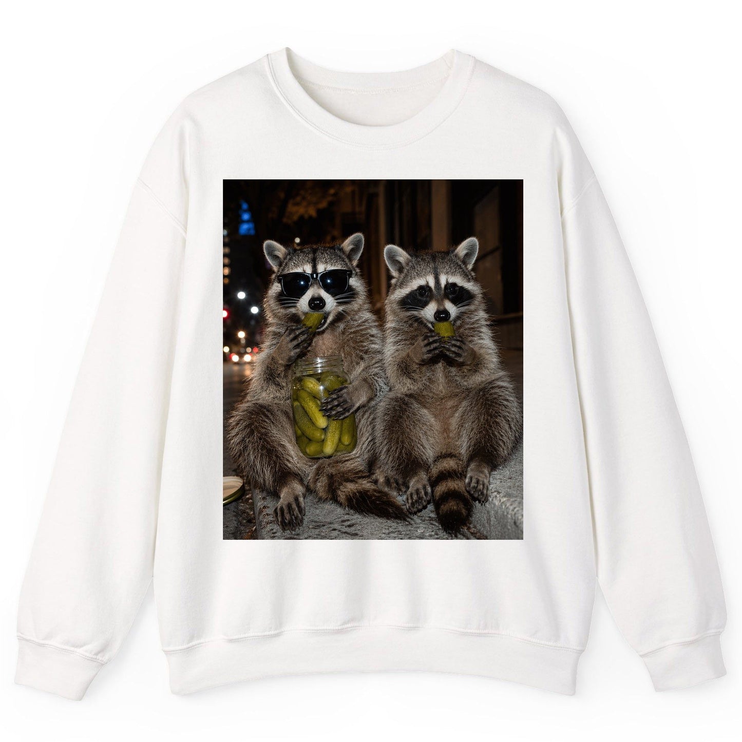 Raccoons Eating Pickles Funny Animal Lovers Sweatshirt - product mockup - White