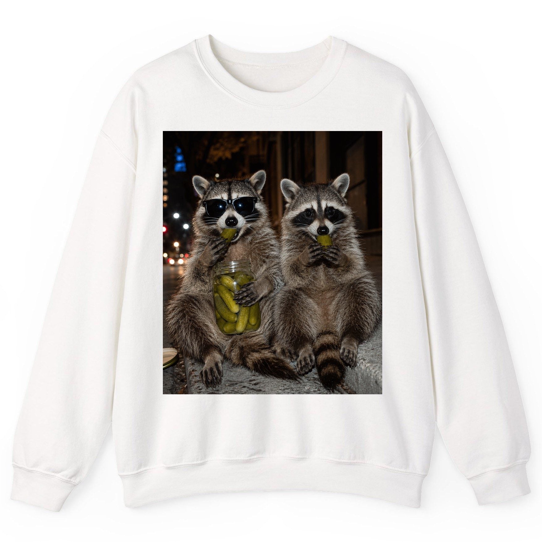 Raccoons Eating Pickles Funny Animal Lovers Sweatshirt - product mockup - White