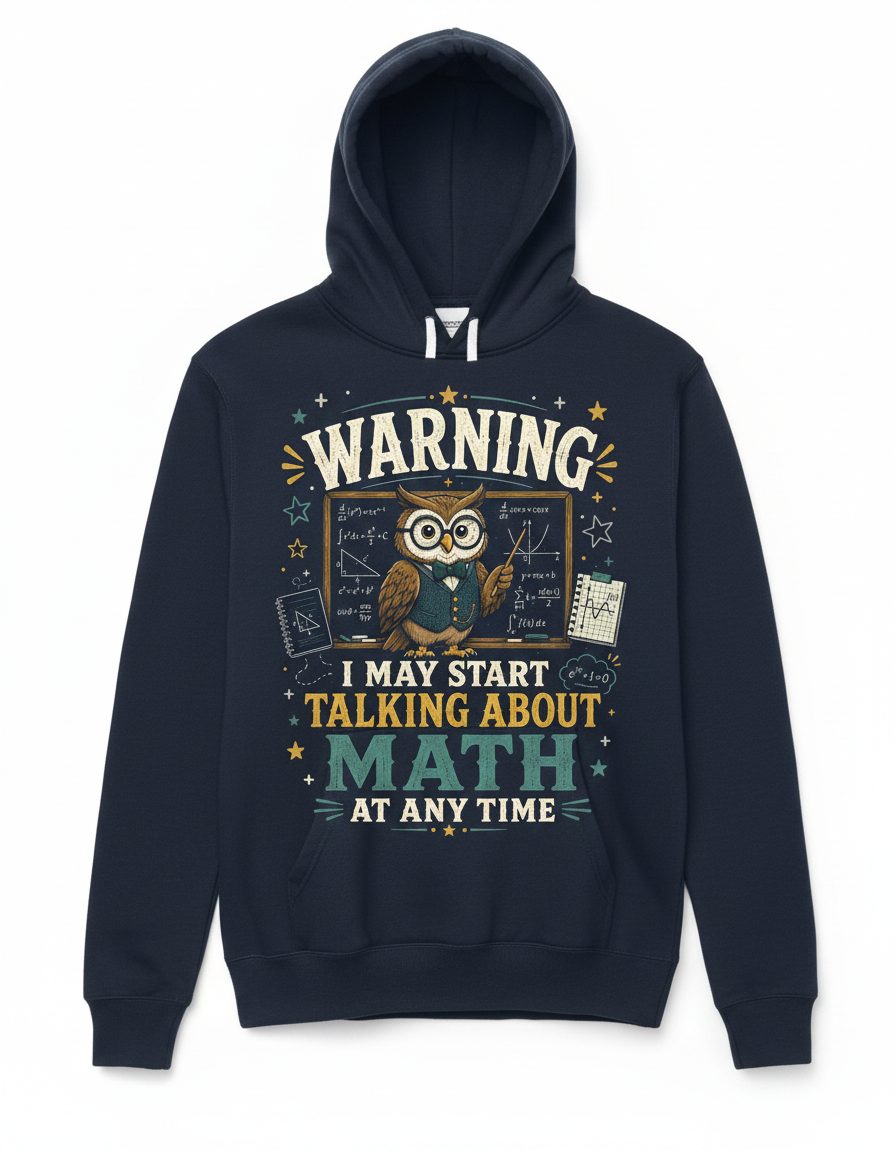 Warning I May Start Talking About Math at Any Time Funny Teachers Hoodie - product mockup - Navy