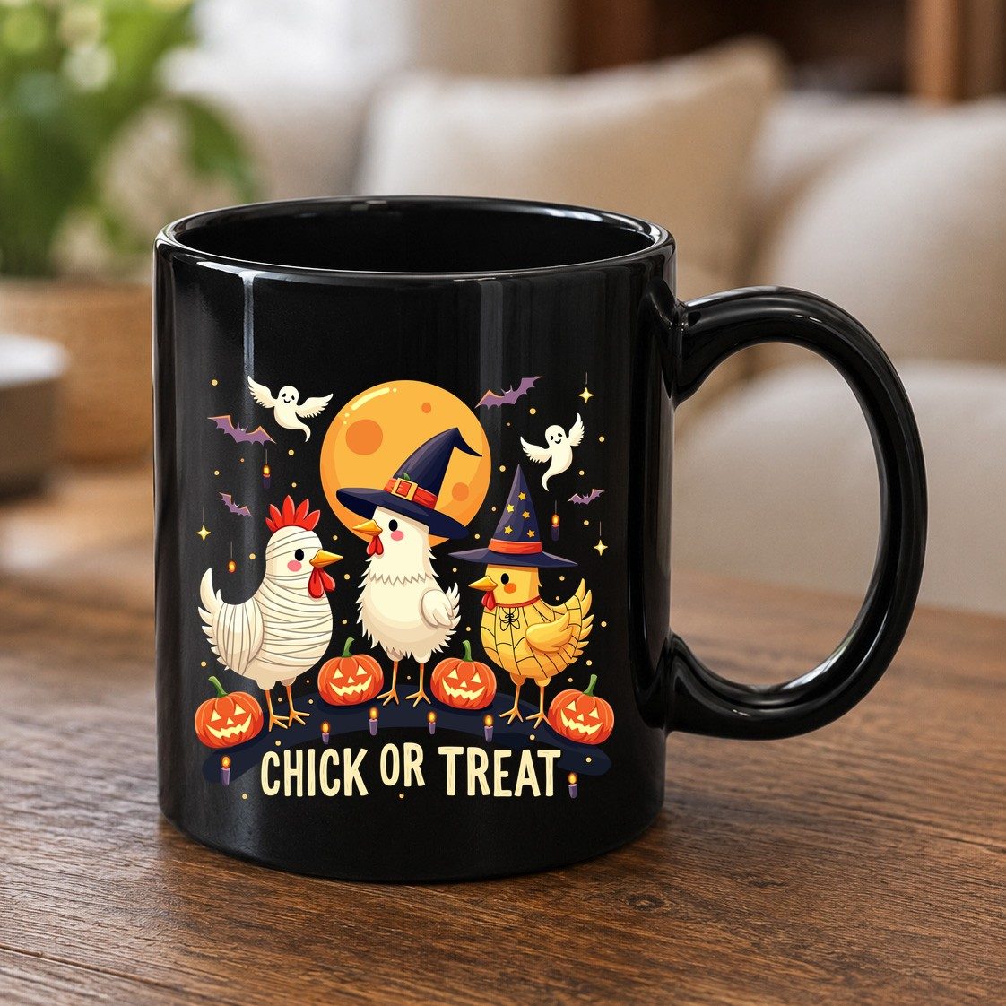 Chick or Treat Halloween chickens Black Mug Black product mockup