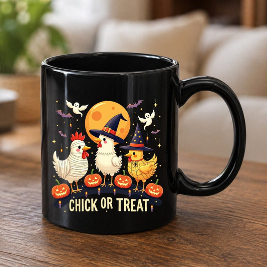 Chick or Treat Halloween chickens Black Mug Black product mockup