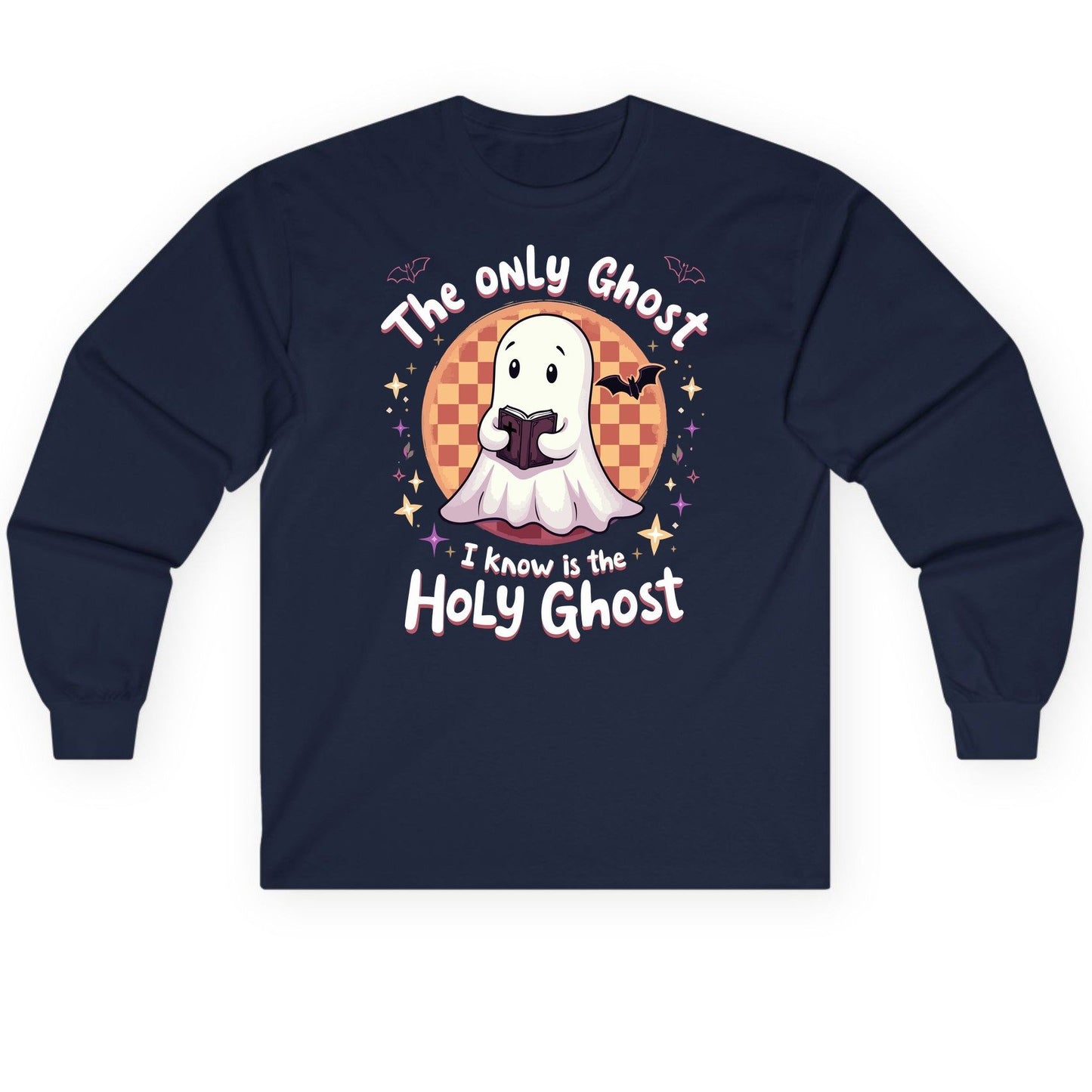 The Only Ghost I Know Is the Holy Ghost christian Halloween Long Sleeve Tee Navy product mockup