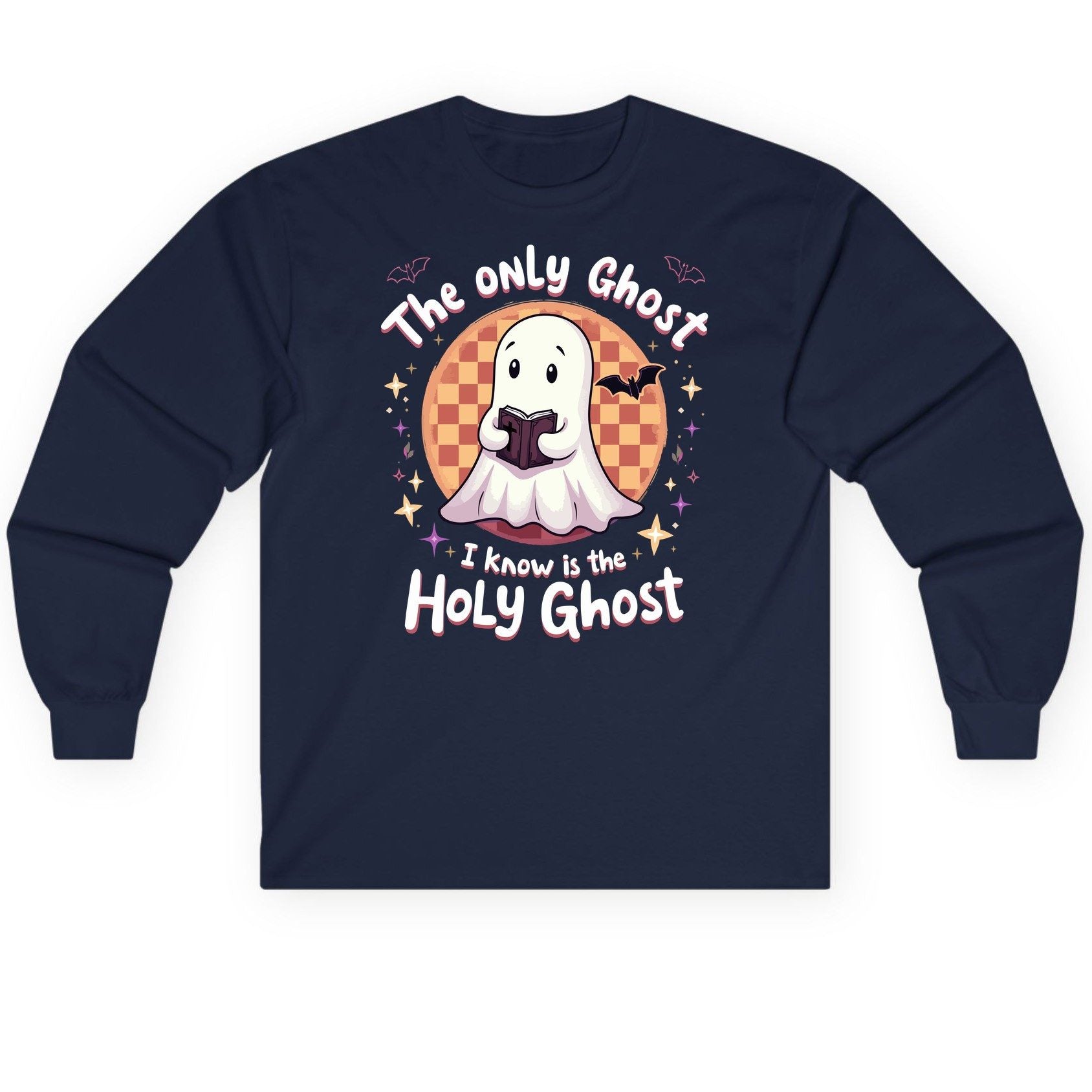 The Only Ghost I Know Is the Holy Ghost christian Halloween Long Sleeve Tee Navy product mockup