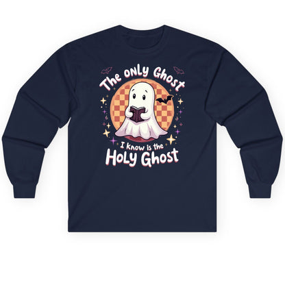 The Only Ghost I Know Is the Holy Ghost christian Halloween Long Sleeve Tee Navy product mockup