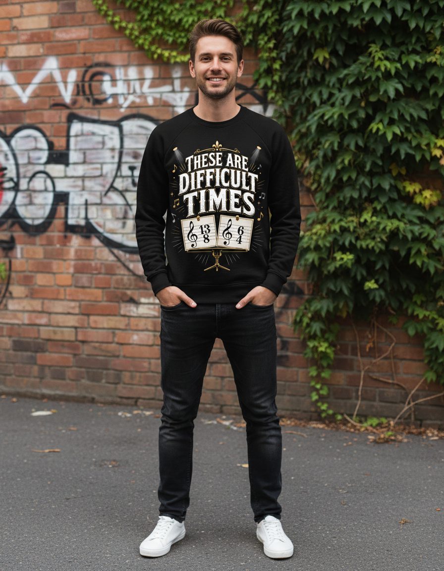 THESE ARE Difficult TIMES Funny Music Humor Sweatshirt - lifestyle model mockup - Black