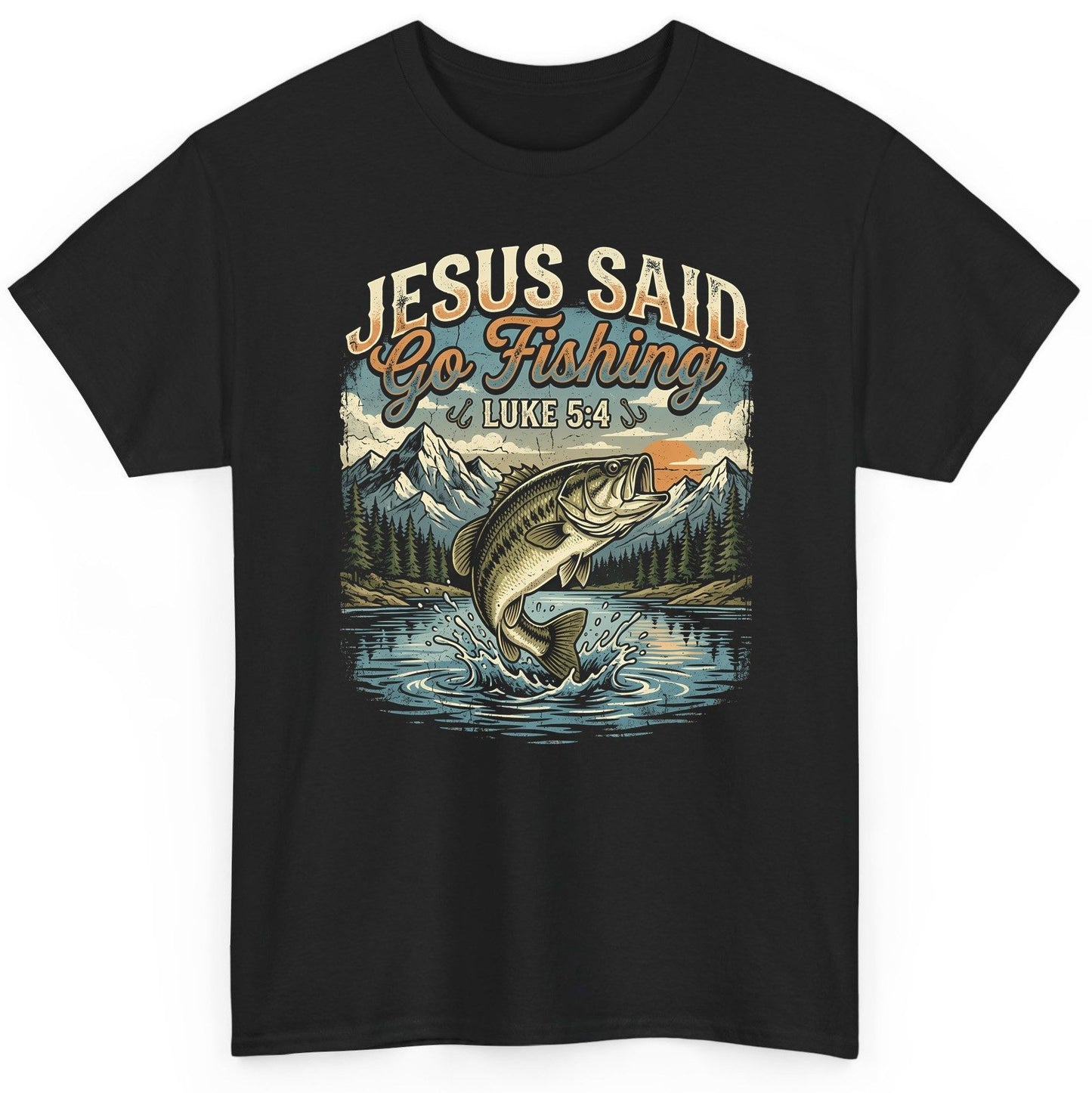 JESUS SAID Go Fishing LUKE 5 4 Retro Christian T-Shirt - product mockup - Black