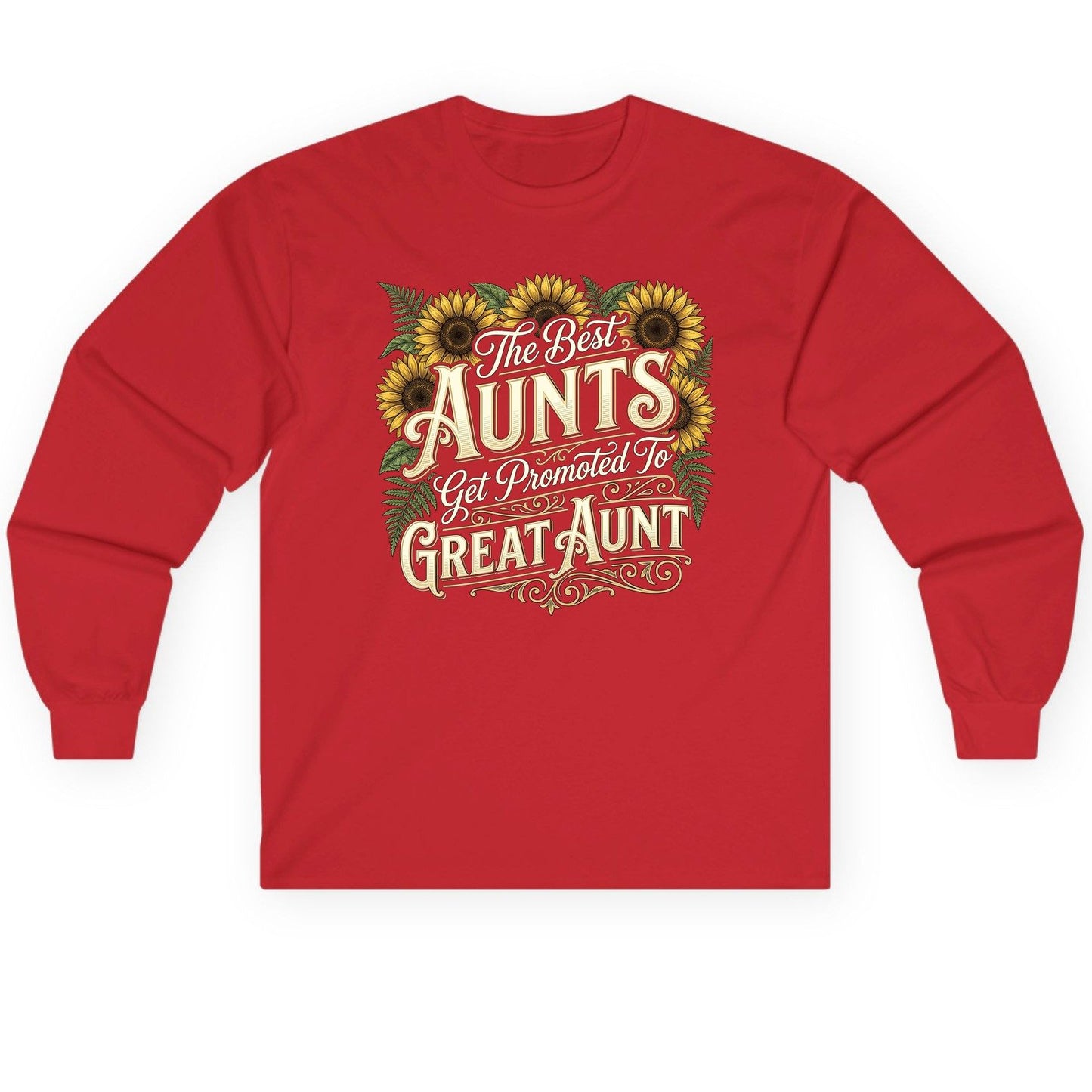 The Best AUNTS Get Promoted to GREAT AUNT Retro Long Sleeve Tee - product mockup - Red