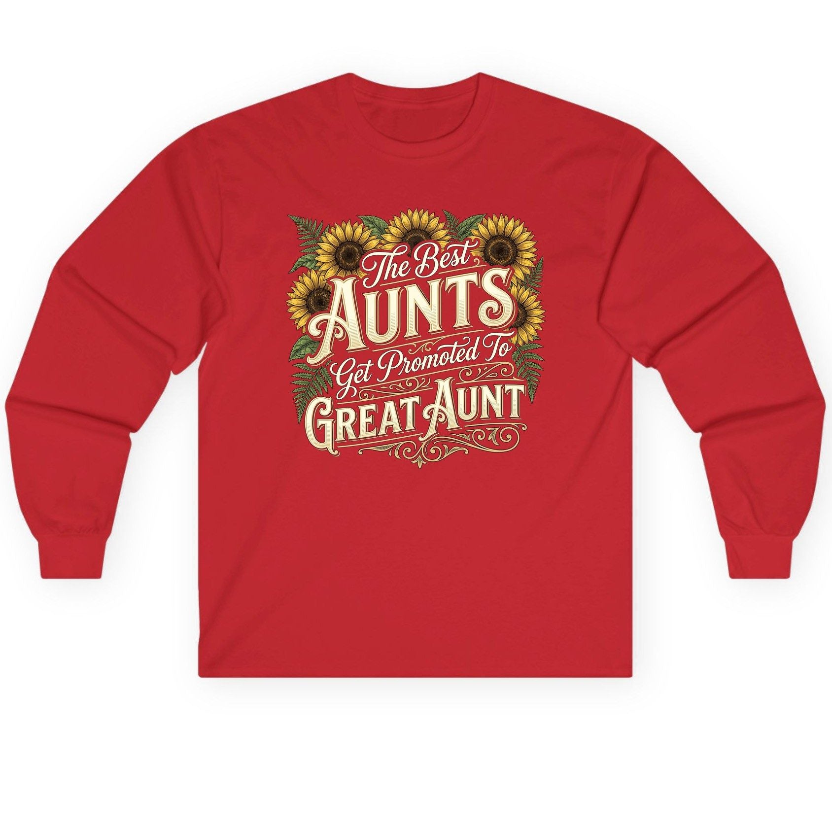 The Best AUNTS Get Promoted to GREAT AUNT Retro Long Sleeve Tee - product mockup - Red