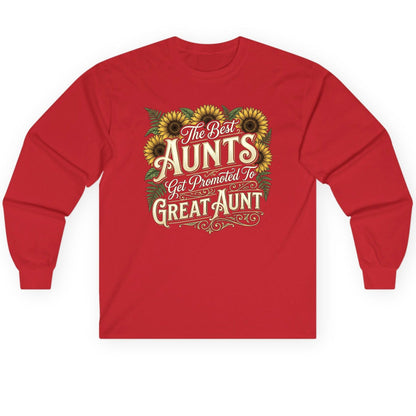 The Best AUNTS Get Promoted to GREAT AUNT Retro Long Sleeve Tee - product mockup - Red