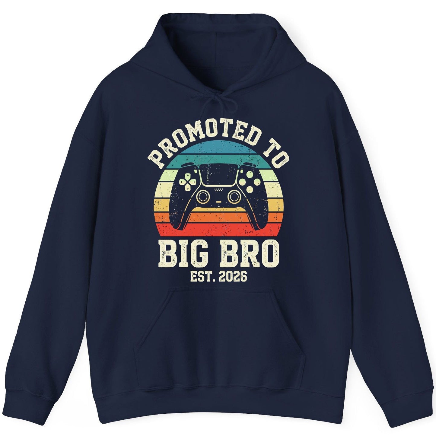 Promoted TO BIG BRO EST 2026 Retro Gaming Hoodie - product mockup - Navy
