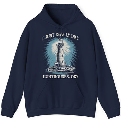 I Just Really Like Lighthouses, Ok? lighthouse Hoodie Navy product mockup