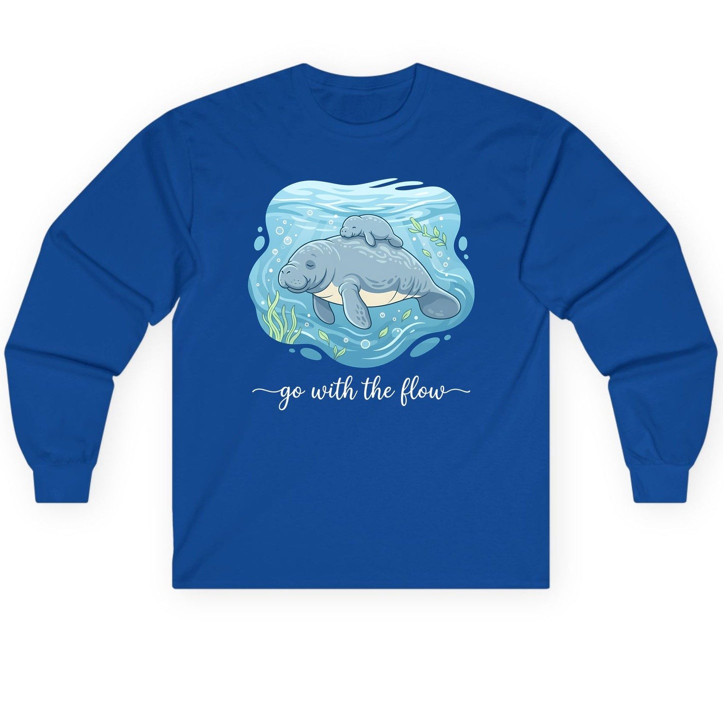 Go with the Flow Manatee Long Sleeve Tee - product mockup - Royal