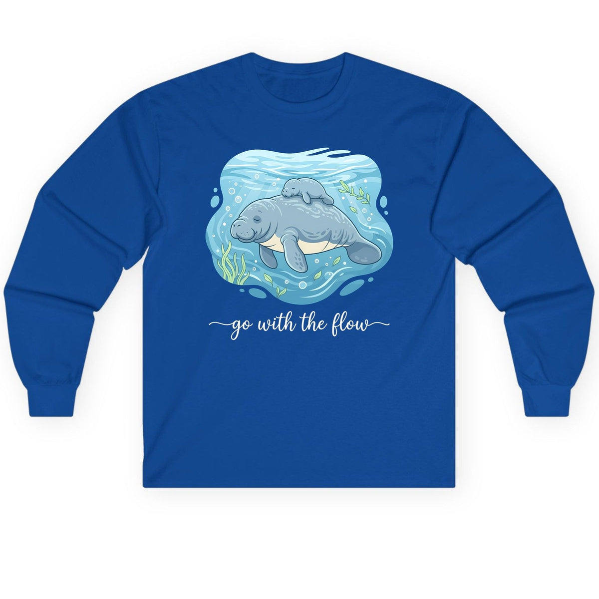 Go with the Flow Manatee Long Sleeve Tee - product mockup - Royal