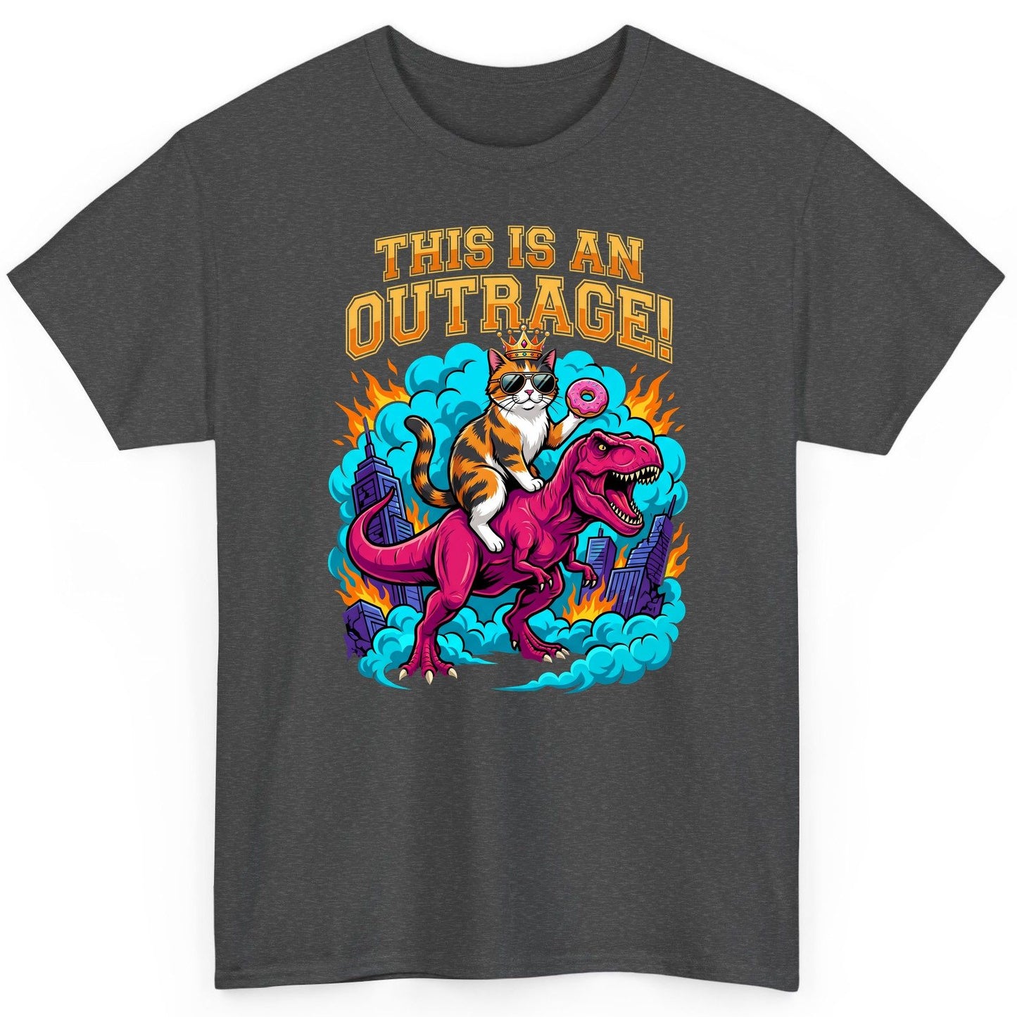 THIS IS AN OUTRAGE! Cat riding a T-Rex T-Shirt Dark Heather product mockup