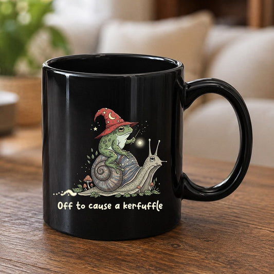 Off to Cause a Kerfuffle wizard frog Black Mug Black product mockup