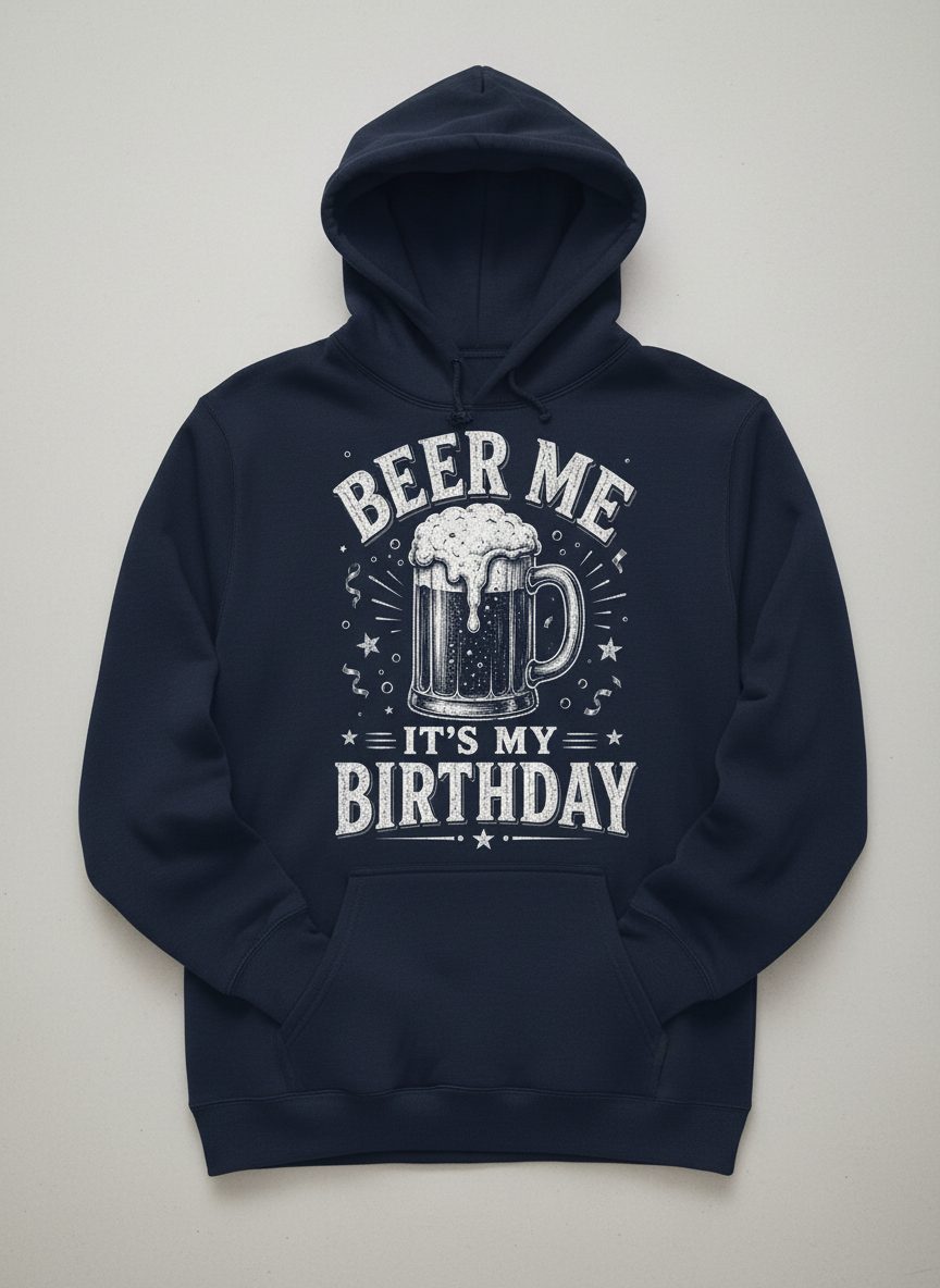 Beer Me It's My Birthday Funny Person Hoodie - product mockup - Navy