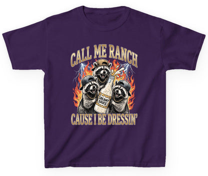Call Me Ranch Cause I Be Dressin' raccoons Youth T-Shirt Purple product mockup