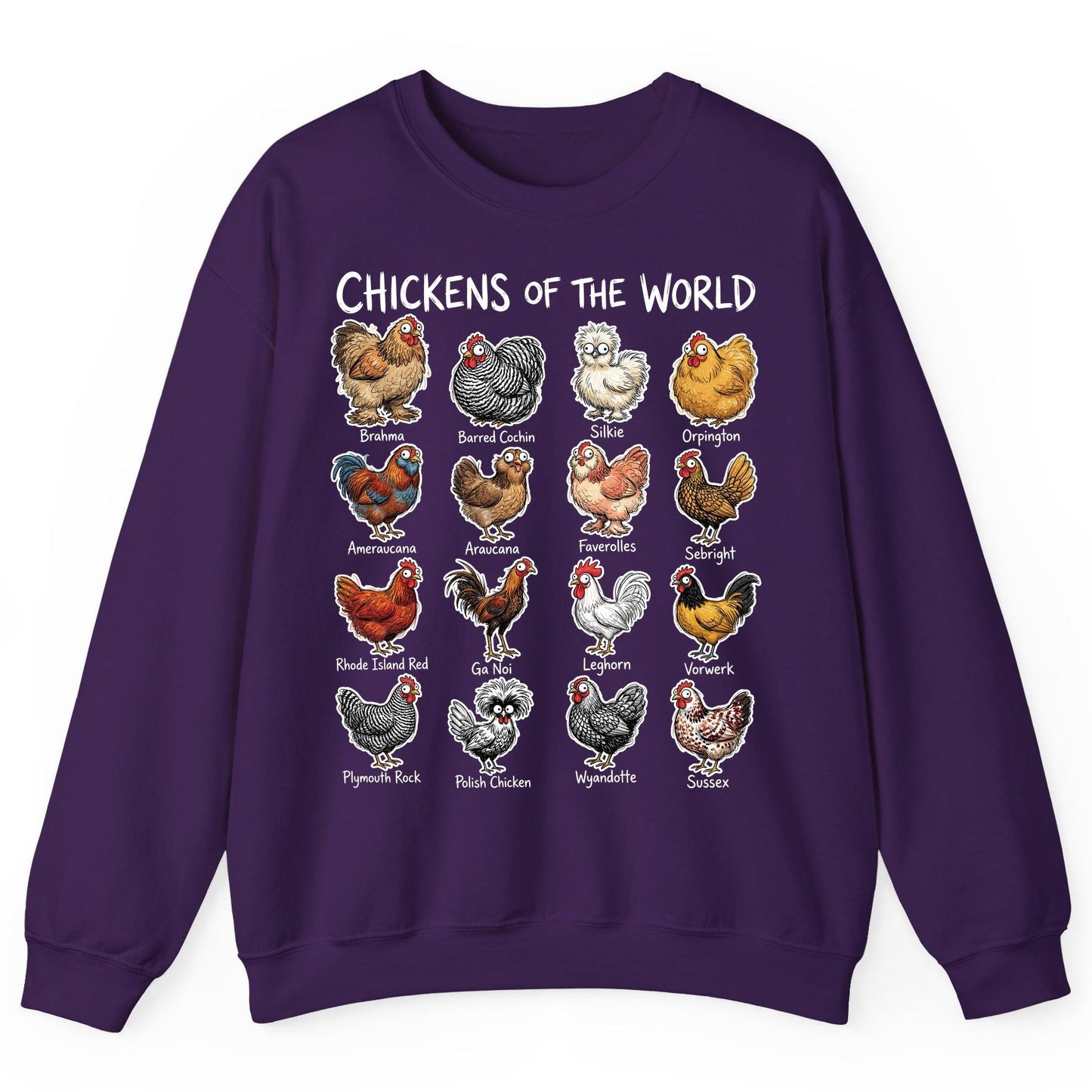 Chickens of the World chicken breeds Sweatshirt Purple product mockup