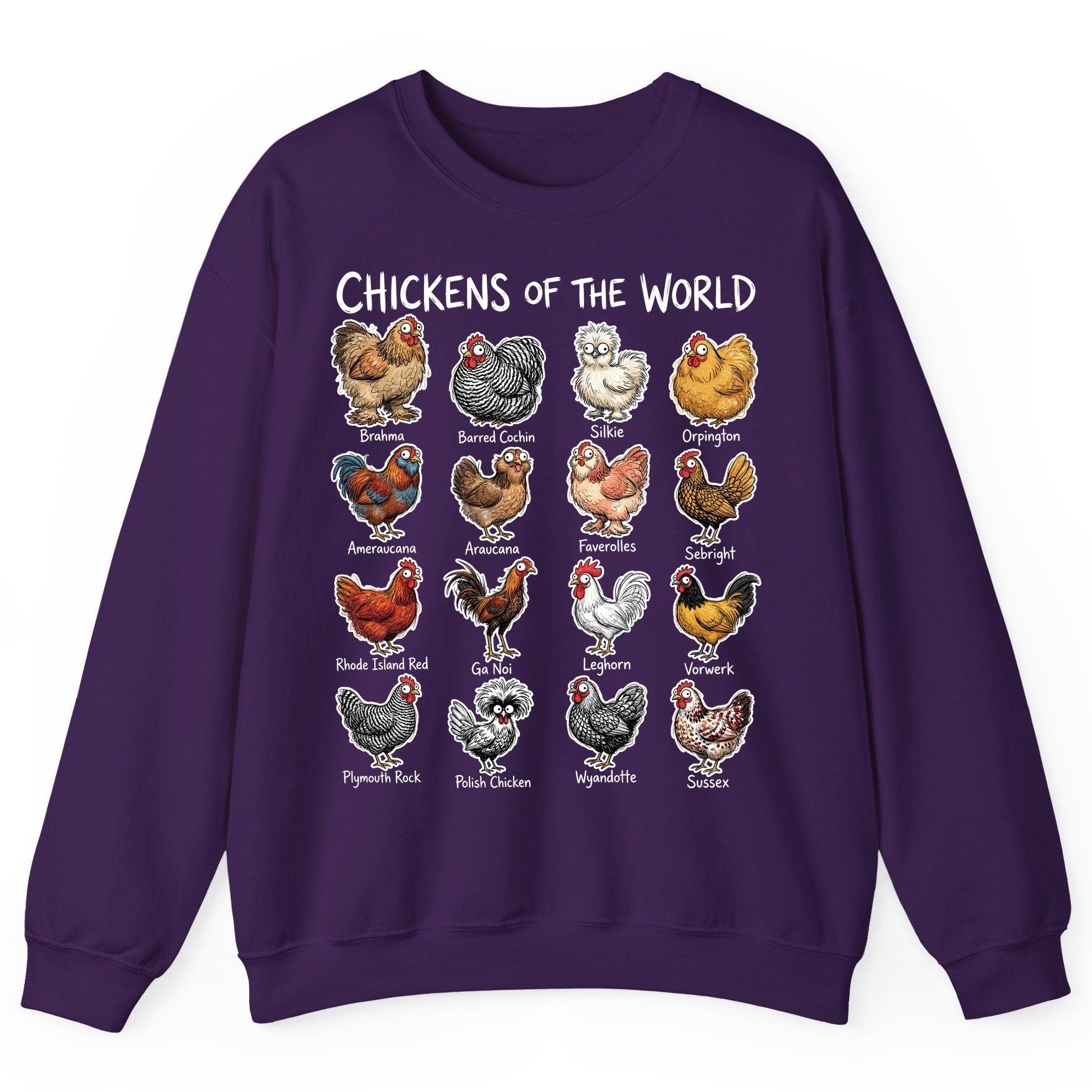 Chickens of the World chicken breeds Sweatshirt Purple product mockup