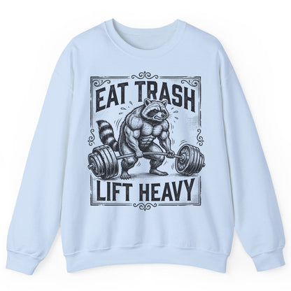 Eat Trash Lift Heavy raccoon Sweatshirt Light Blue product mockup