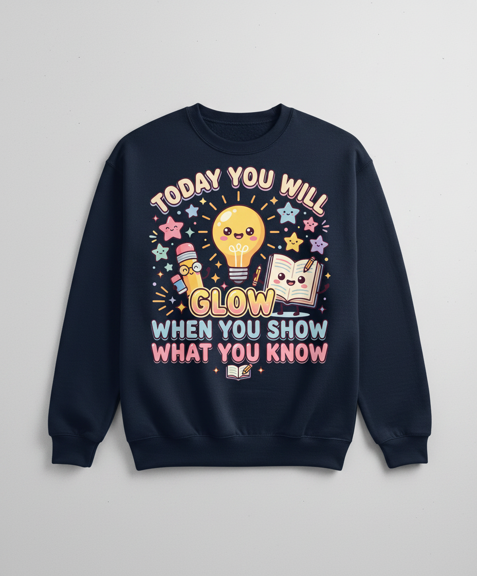 Kawaii School Characters 'Today You Will Glow' Motivational Design Sweatshirt - Navy