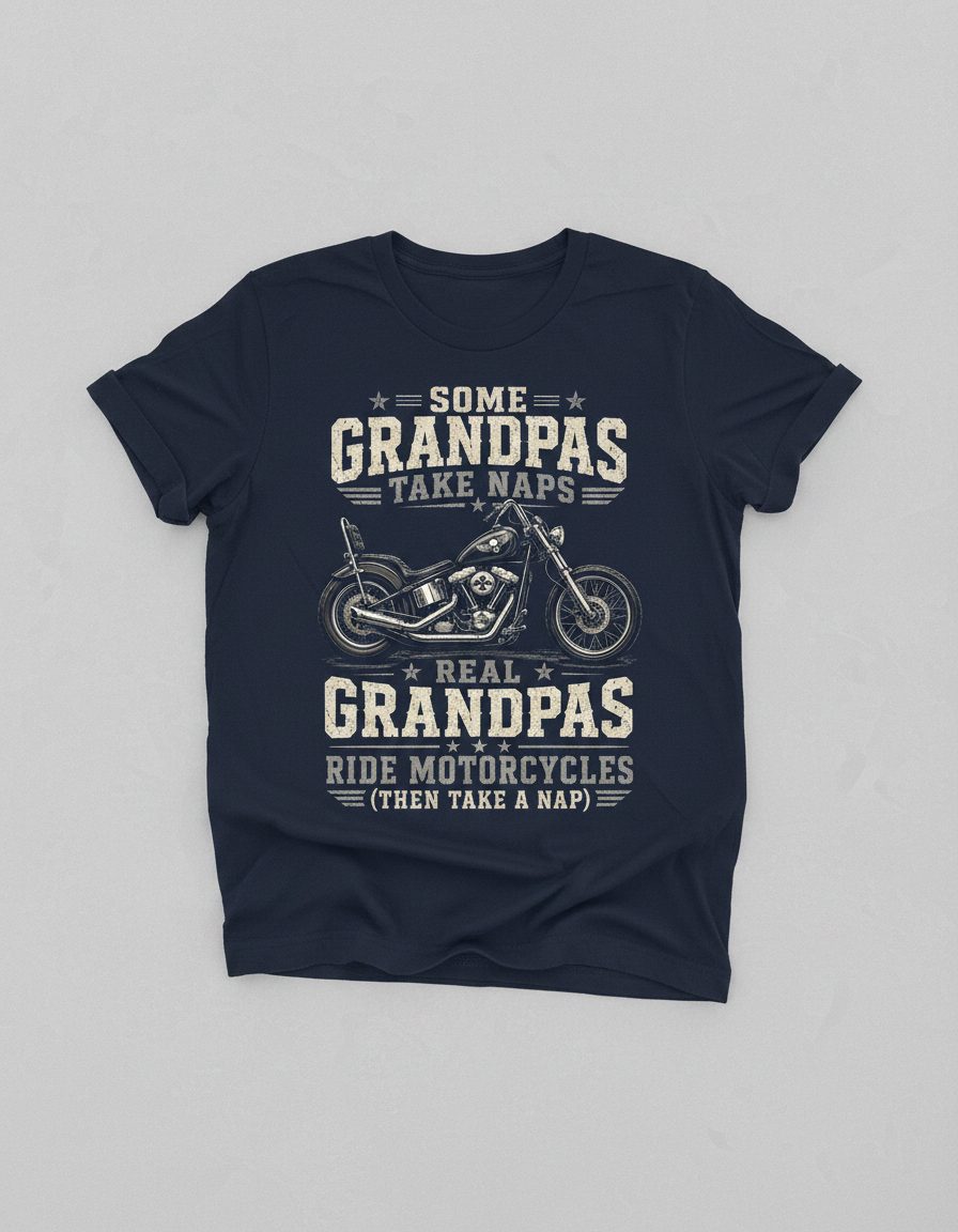 Some Grandpas Take Naps Real Grandpas Ride Motorcycles (then Take a Nap) Funny Biker T-Shirt - product mockup - Navy