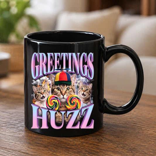 Greetings Huzz Funny Cats Black Mug - product mockup - Black