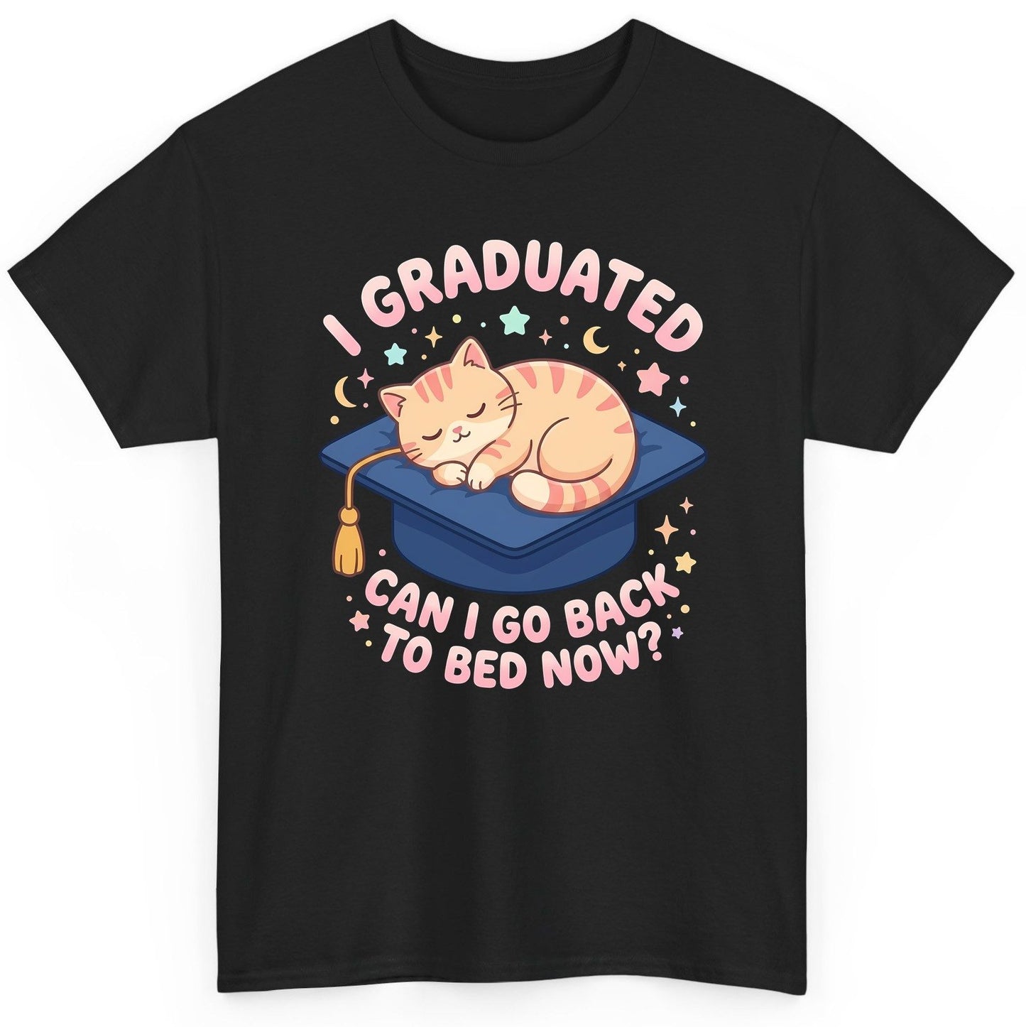 I Graduated CAN I GO BACK TO BED NOW Funny Graduation Cat T-Shirt - product mockup - Black