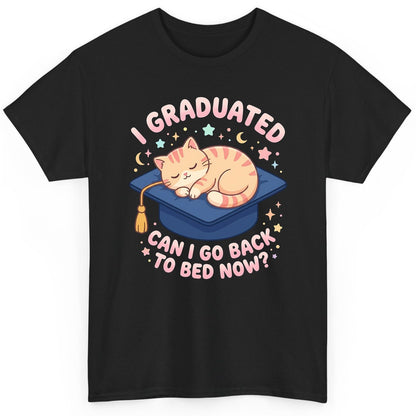 I Graduated CAN I GO BACK TO BED NOW Funny Graduation Cat T-Shirt - product mockup - Black
