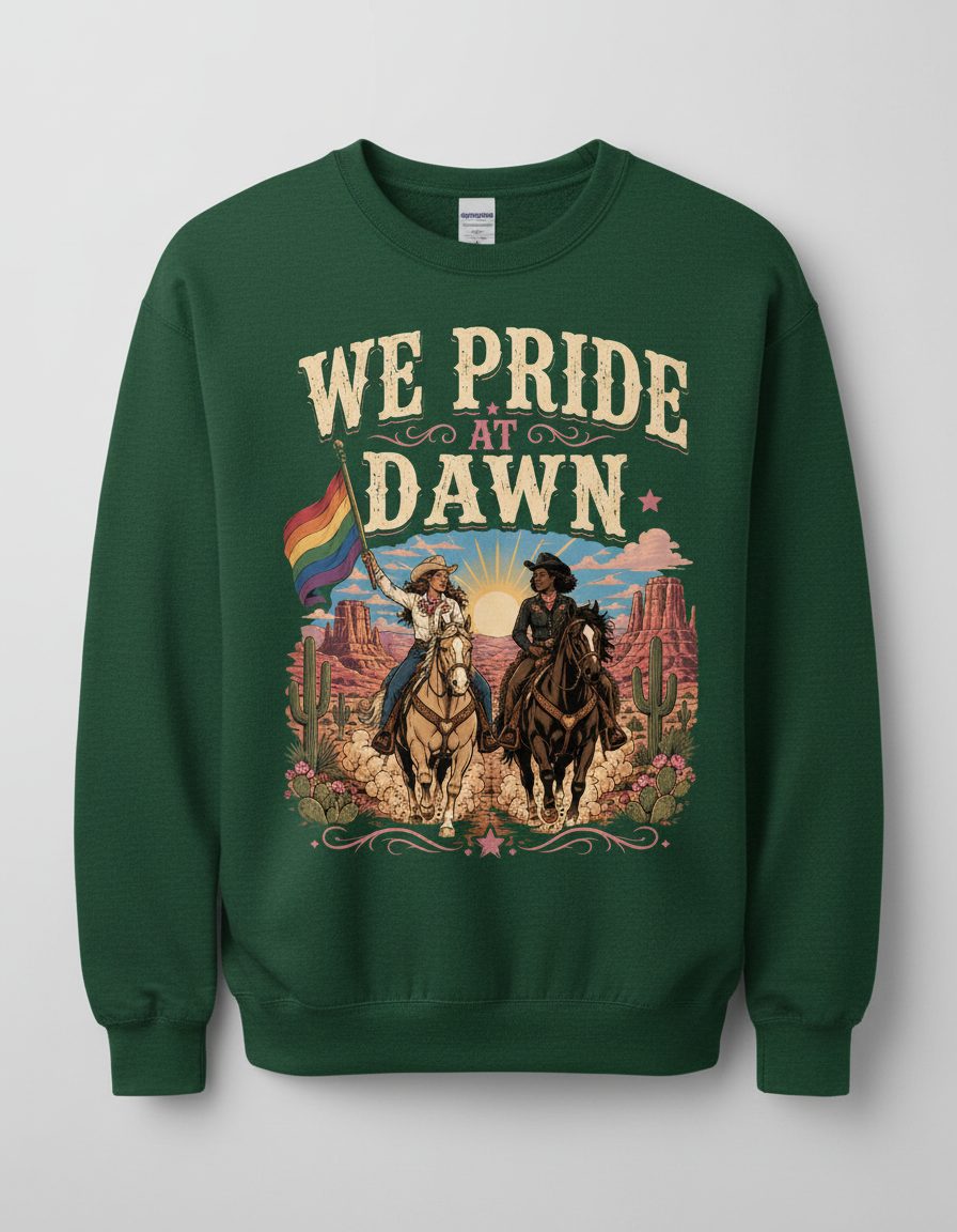 We Pride at Dawn Retro Lgbtq Sweatshirt - product mockup - Forest Green