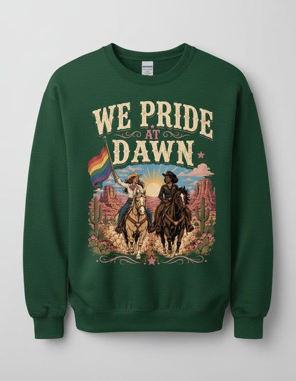 We Pride at Dawn Retro Lgbtq Sweatshirt - product mockup - Forest Green