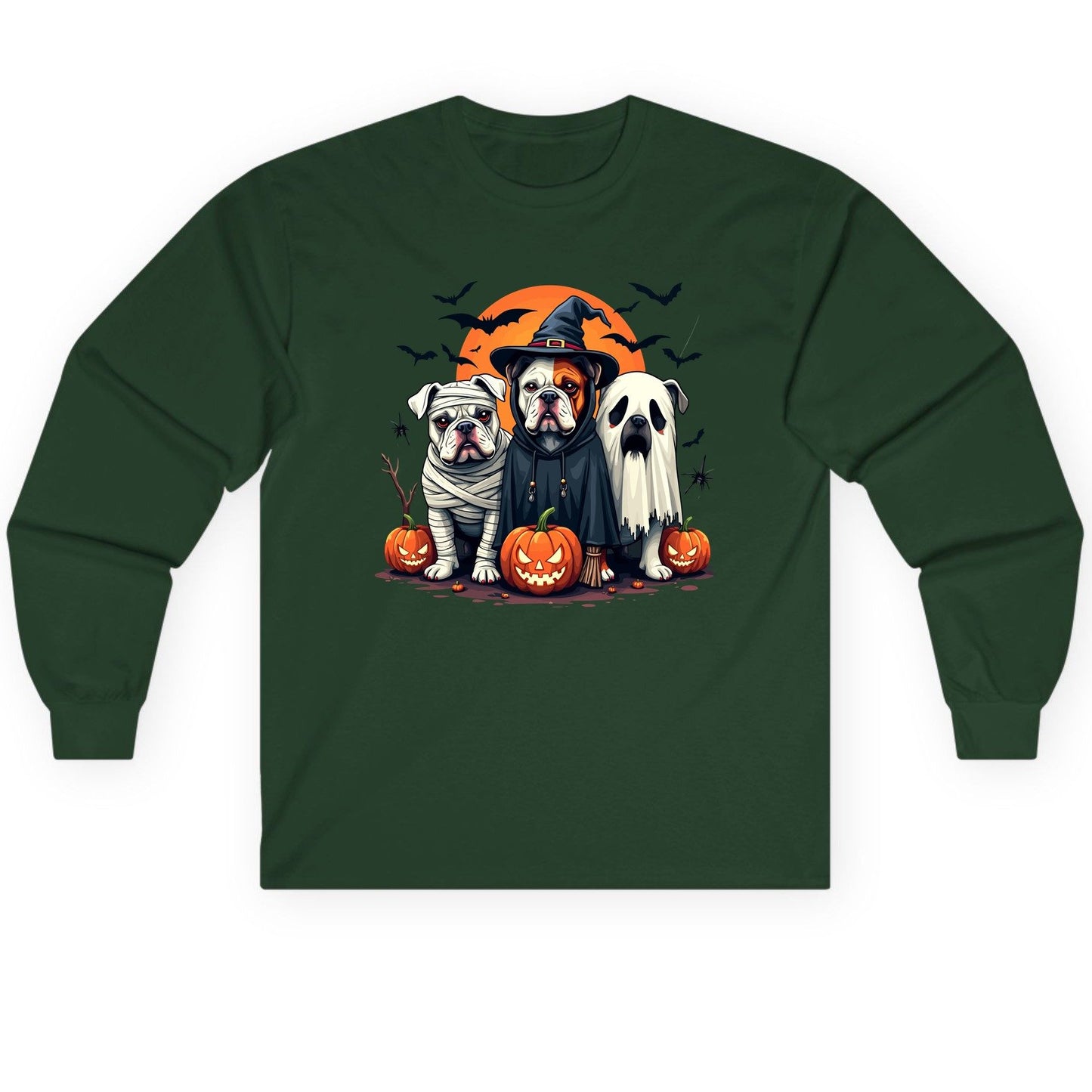 Halloween Bulldogs Costumes Halloween bulldogs Long Sleeve Tee Forest Green product mockup