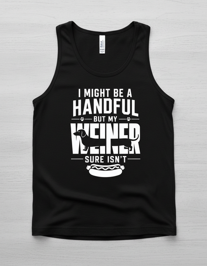 Funny Dachshund Wiener Dog Pun 'I Might Be A Handful' Tank Top - Black