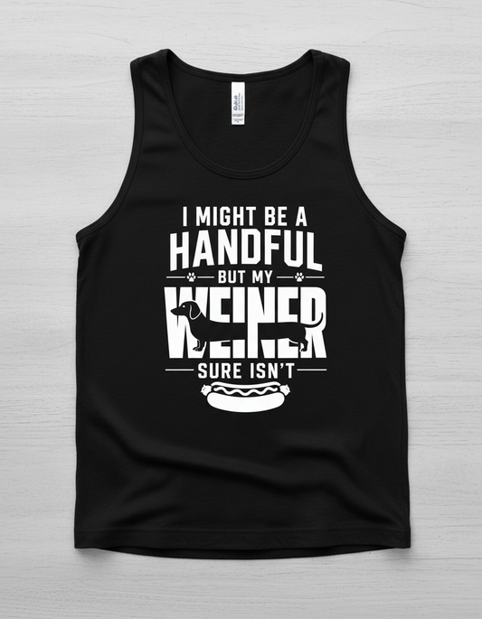 Funny Dachshund Wiener Dog Pun 'I Might Be A Handful' Tank Top - Black