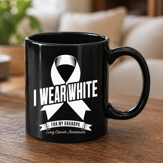 I Wear White for My Grandpa lung cancer awareness Black Mug Black product mockup