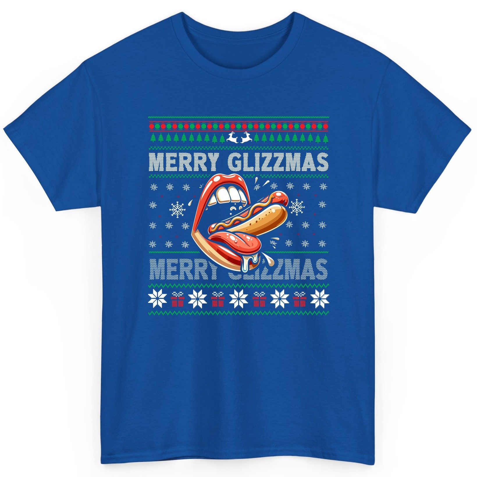 Merry Glizzzmas hot dog T-Shirt Royal product mockup