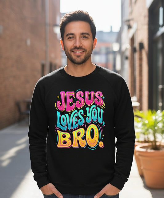 JESUS LOVES YOU BRO Retro Christian Sweatshirt - lifestyle model mockup - Black