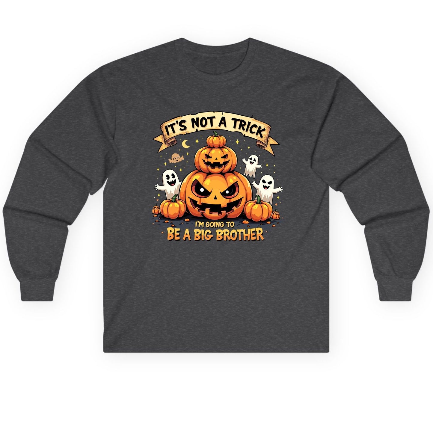 It's Not a Trick I'm Going to Be a Big Brother Halloween pregnancy announcement Long Sleeve Tee Dark Heather product mockup