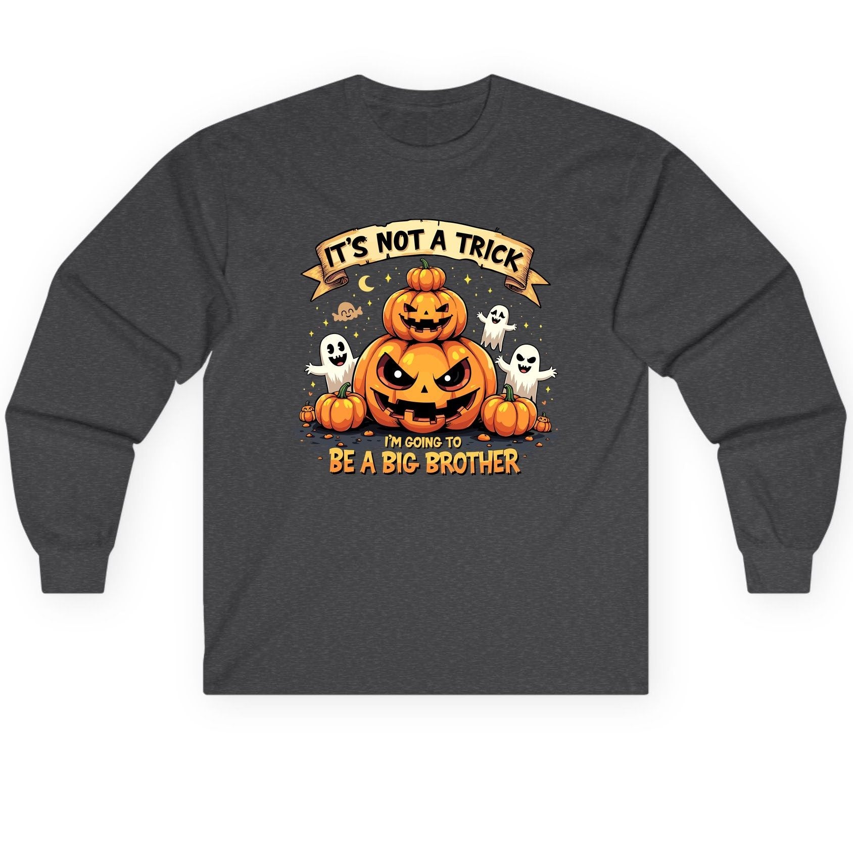 It's Not a Trick I'm Going to Be a Big Brother Halloween pregnancy announcement Long Sleeve Tee Dark Heather product mockup