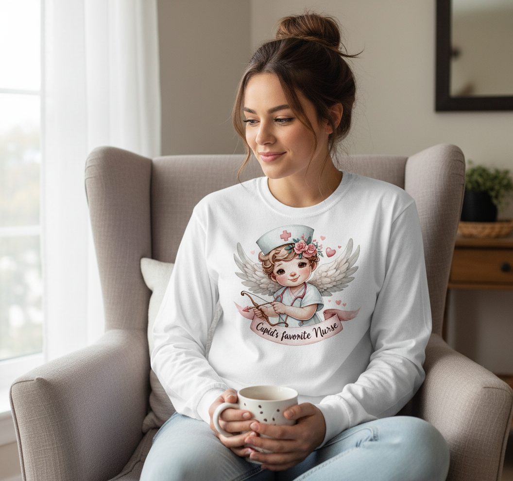 Cupid's Favorite Nurse cupid nurse Long Sleeve Tee White lifestyle mockup