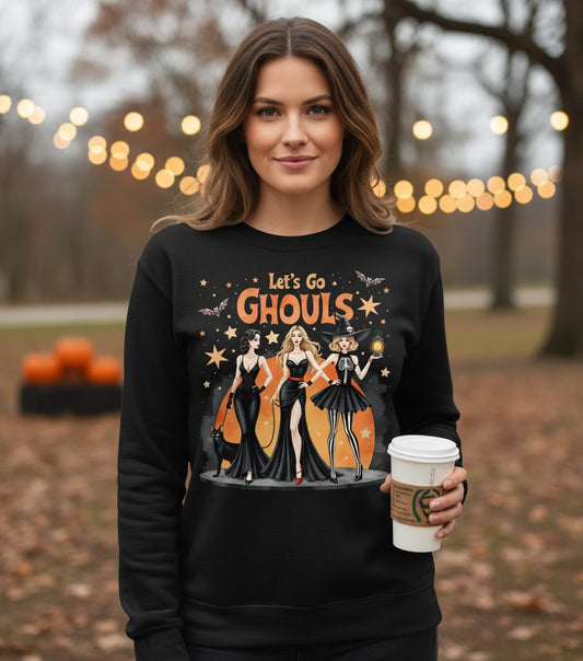 Let's Go Ghouls Halloween women Sweatshirt Black lifestyle mockup