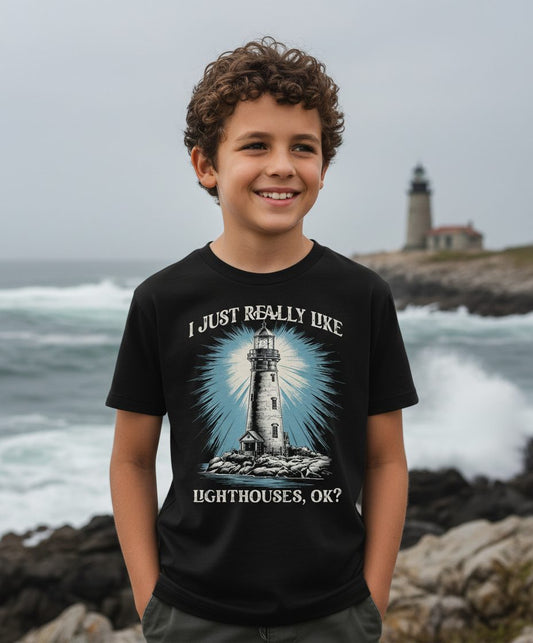 I Just Really Like Lighthouses, Ok? lighthouse Youth T-Shirt Black lifestyle mockup