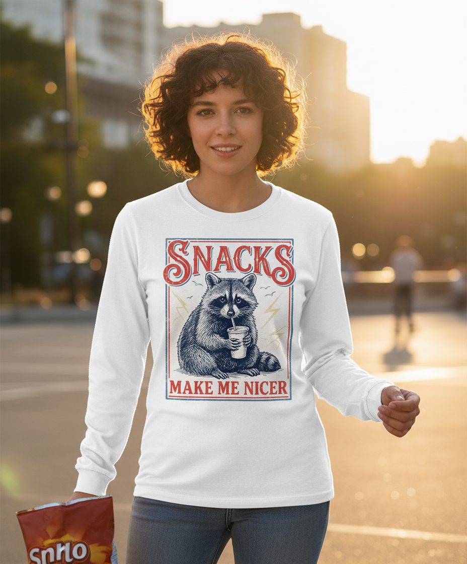 SNACKS MAKE ME NICER Funny Raccoon Long Sleeve Tee - lifestyle model mockup - White