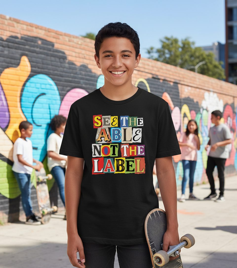 SEE THE ABLE NOT THE LABEL Inclusion and Awareness Youth T-Shirt - lifestyle model mockup - Black