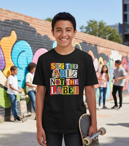 SEE THE ABLE NOT THE LABEL Inclusion and Awareness Youth T-Shirt - lifestyle model mockup - Black