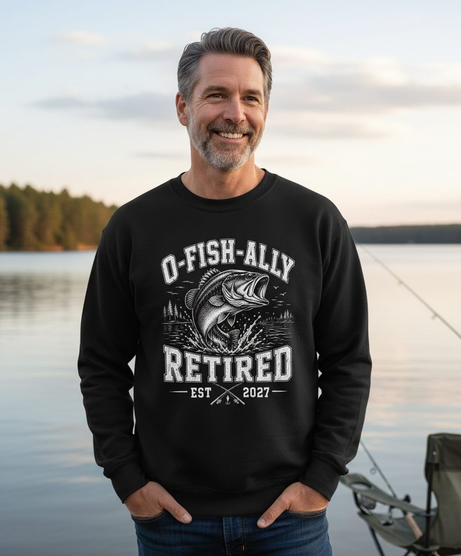 O-Fish-Ally Retired EST 2027 Funny Fishing Sweatshirt - lifestyle model mockup - Black